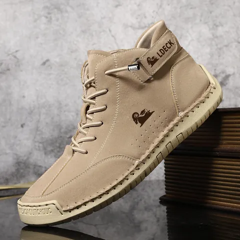 LDECK Men's Casual Martin Boots Hand-stitched Microfiber High-top Shoes Non-slip Rubber Sole Outdoor Fashion Breathable Ankle Boots