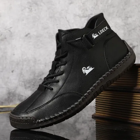 LDECK Men's Casual Martin Boots Hand-stitched Microfiber High-top Shoes Non-slip Rubber Sole Outdoor Fashion Breathable Ankle Boots