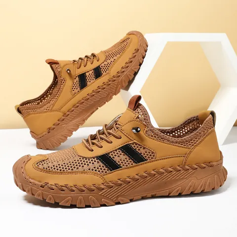 Men Summer Casual Sneakers Breathable Mesh Microfiber Patchwork Walking Shoes Anti Slip Rubber Sole Hand Stitched Fashion Sport Shoes