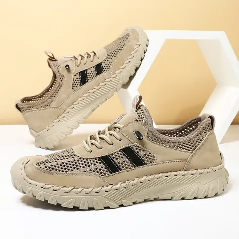 Men Summer Casual Sneakers Breathable Mesh Microfiber Patchwork Walking Shoes Anti Slip Rubber Sole Hand Stitched Fashion Sport Shoes