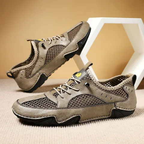 Herren Atmungsaktiv Leder Mesh Freizeitschuhe Outdoor Wandern Sneakers Leicht Rutschfest Gummisohle Wanderschuhe Für Frühling Sommer Herbst