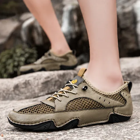 Herren Atmungsaktiv Leder Mesh Freizeitschuhe Outdoor Wandern Sneakers Leicht Rutschfest Gummisohle Wanderschuhe Für Frühling Sommer Herbst