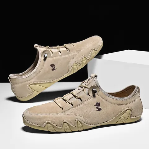 Men's Top Layer Pigskin Casual Leather Shoes Low Top Breathable Slip On Loafers With Elastic Band Rubber Sole Outdoor Walking Shoes