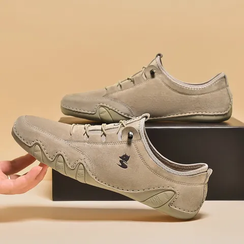 Men's Top Layer Pigskin Casual Leather Shoes Low Top Breathable Slip On Loafers With Elastic Band Rubber Sole Outdoor Walking Shoes