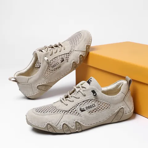 Unisex Breathable Mesh Pigskin Leather Sports Casual Shoes Outdoor Plus Size Handmade Stitching Running Walking Sneakers