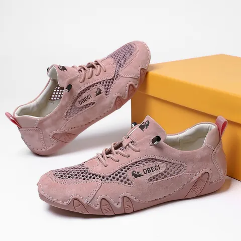 Unisex Breathable Mesh Pigskin Leather Sports Casual Shoes Outdoor Plus Size Handmade Stitching Running Walking Sneakers