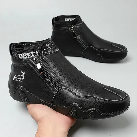 Men's Retro Martin Boots High Top Genuine Leather Outdoor Casual Shoes Non-Slip Side Zipper Boots With Knit Collar Pigskin Cowhide Leather Boots