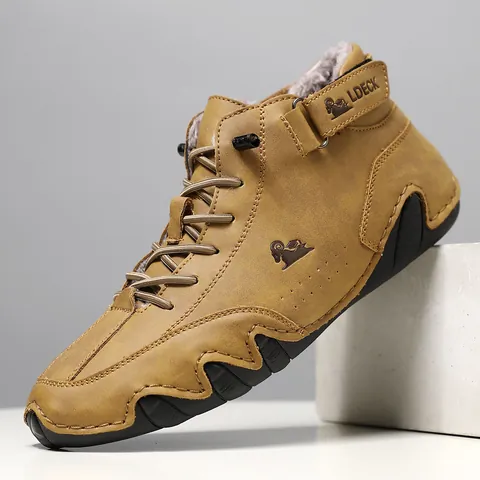 LDECK Men's Winter Warm Plus Plush Martin Boots High Top Microfiber Leather Non-slip Rubber Sole Casual Snow Boots Outdoor Walking Shoes