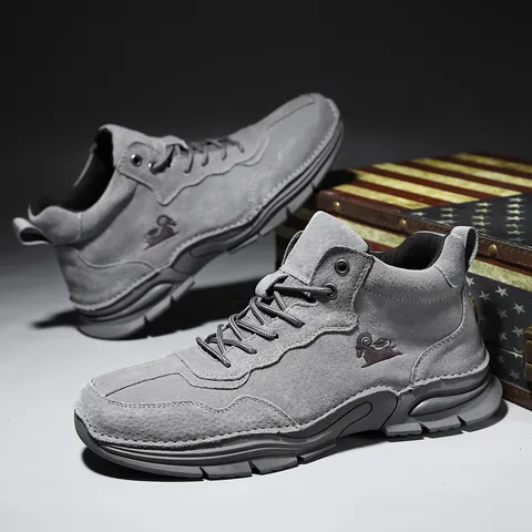Men's Outdoor Casual High-Top Boots Pigskin Leather Martens Boots Non-Slip Wear-Resistant Workwear Shoes For Autumn Winter Men Hiking Sneakers