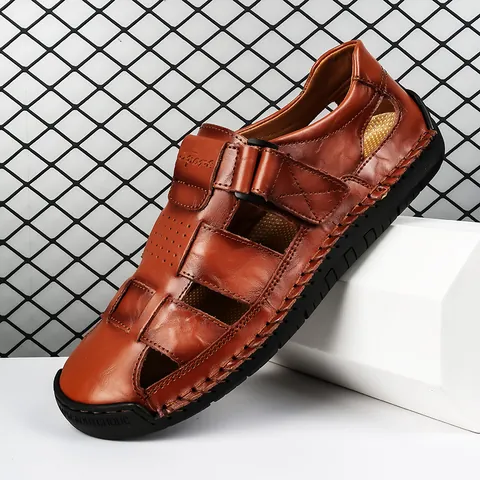 Sandalias de Cuero de Vaca para Hombre Caladas Punta Cerrada Cosidas a Mano Zapatos de Playa Casuales Exterior Suela de Goma Antideslizante