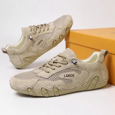 LDECK Unisex Outdoor Casual Shoes Breathable Mesh Suede Patchwork Sports Sneakers Hand Sewing Summer Hiking Shoes Sneakers