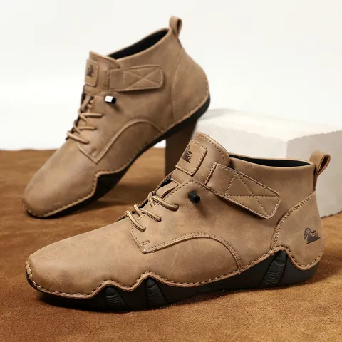 Men's Outdoor Casual Martin Boots High-Top Microfiber Non-Slip Wavy Rubber Sole Lace-Up Velcro Fashion Winter Walking Shoes