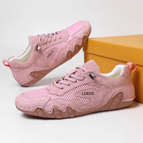 LDECK Unisex Outdoor Casual Shoes Breathable Mesh Suede Patchwork Sports Sneakers Hand Sewing Summer Hiking Shoes Sneakers