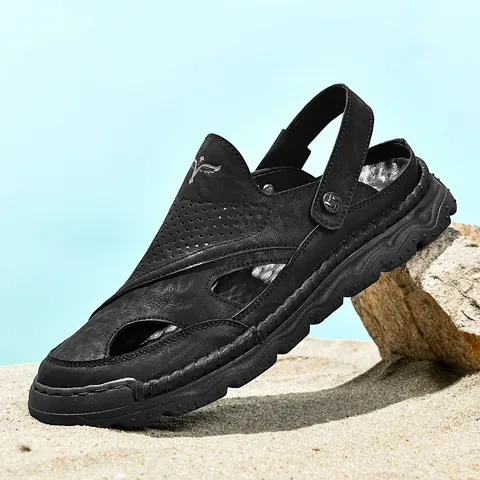 Herren Rindsleder Outdoor Sandalen Atmungsaktiv Geschlossene Zehen Lässige Strandschuhe Khaki Schwarz Rutschfeste Sommermode