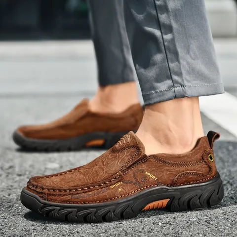 Men's Casual Leather Shoes Slip-on Top Grain Cowhide Thick Sole Outdoor Hiking Work Shoes Anti-slip Abrasion Resistant Sneakers