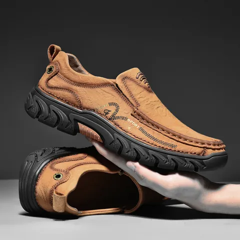 Men's Casual Leather Shoes Slip-on Top Grain Cowhide Thick Sole Outdoor Hiking Work Shoes Anti-slip Abrasion Resistant Sneakers