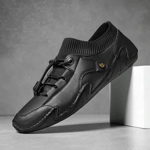 Men Casual Microfiber Leather Shoes Breathable Soft Sole Octopus Outsole Outdoor Driving Loafers With Knit Sock Collar