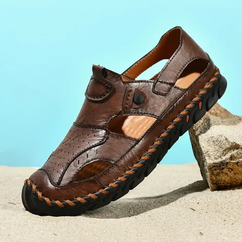 Herren Echtes Leder Sandalen Handgenäht Casual Sommer Outdoor Strand Schuhe Hohl Geschnitten Atmungsaktiv Geschlossene Zehen