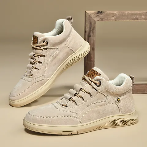 Men's High-Top Leisure Board Shoes Bovine Split Leather Breathable Retro Workwear Outdoor Fashion Sneakers For Men