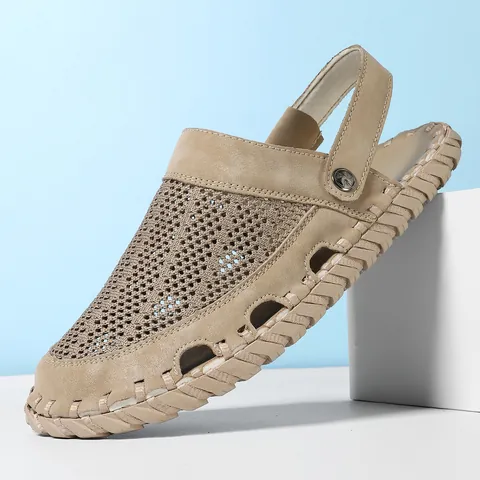 Men Mesh Breathable Sandals Two-Way Wear Slippers Outdoor Casual Beach Shoes With Rubber Sole Manual Stitching Summer Footwear