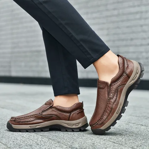 Damen Casual Rindsleder Slipper Outdoor Rutschfest Dicke Sohle Handgenäht Loafers Mode Business Sneaker