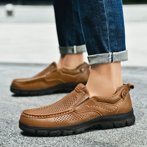 Scarpe Casual da Uomo in Pelle Bovina Traforate Traspiranti Senza Lacci Mocassini Suola in Gomma Antiscivolo Scarpe da Lavoro