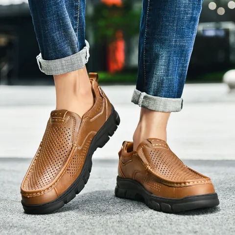 Scarpe Casual da Uomo in Pelle Bovina Traforate Traspiranti Senza Lacci Mocassini Suola in Gomma Antiscivolo Scarpe da Lavoro