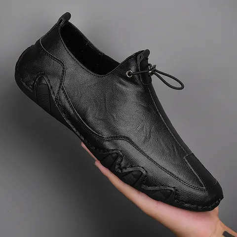 Men's Genuine Leather Casual Loafers Soft Cowhide Slip-on Driving Shoes Breathable Anti-slip Wave Sole Shoes For Men