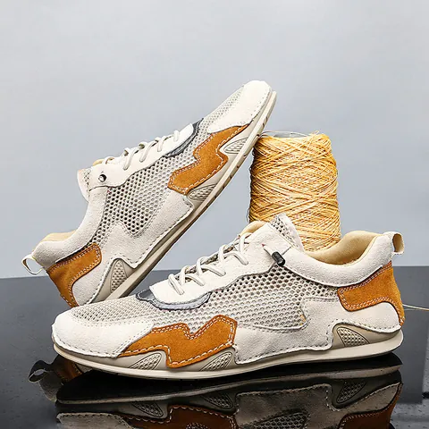 Men Casual Mesh Breathable Sneakers Cowhide Leather Upper Hollow Out Low Top Lightweight Walking Shoes For Summer Outdoor Footwear