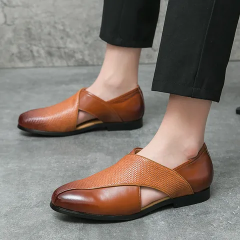 Men Hollow Out Leather Loafers Fashion British Style Breathable Slip On Sandals Woven Texture Casual Dress Shoes Plus Size