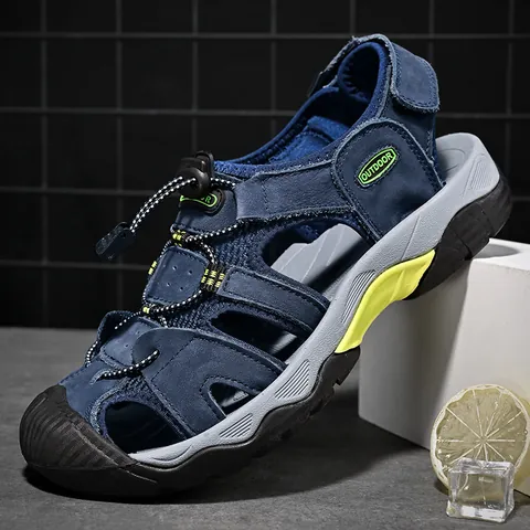 Sandalias de Hombre de Talla Grande en Cuero de Vaca de Grano Superior Punta Cerrada Verano Exterior Transpirable Zapatos de Playa Antideslizante Senderismo Casual