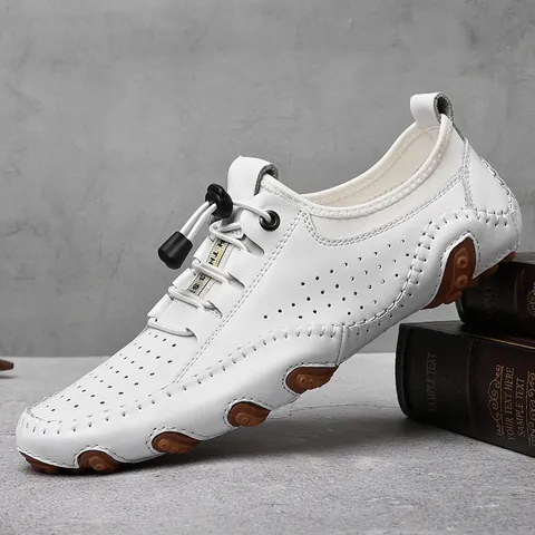 Mocassini in Pelle Casual da Uomo Perforati Traspiranti Scarpe da Guida Cuciti a Mano Suola in Gomma Antiscivolo Slip-On Scarpe Uomo