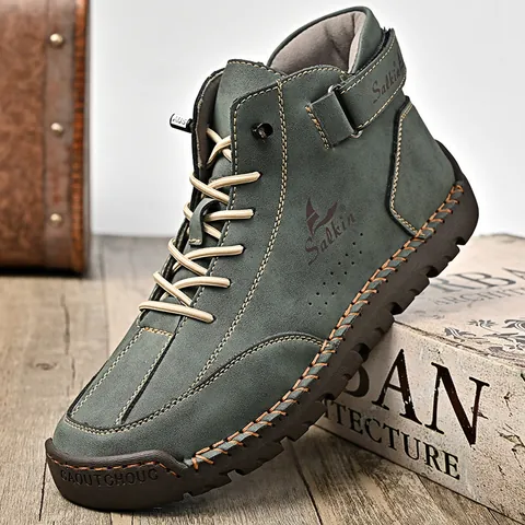 Men Real Leather High Top Casual Boots Retro Outdoor Hand Stitched Non-Slip Rubber Sole Shoes Salkin Brand Fashion Boots