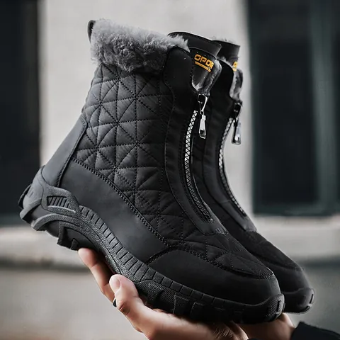 Men's Winter Snow Boots Waterproof Quilted Space Leather Oxford Fabric Faux Fur Lined Warm Non-slip Rubber Sole Front Zipper Shoes
