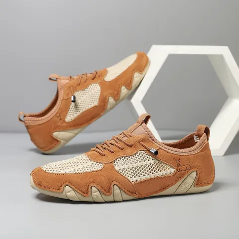 Men Summer Breathable Mesh Pigskin Leather Casual Shoes Hand Sewn Outdoor Octopus Sole Large Size Non Slip Sneakers
