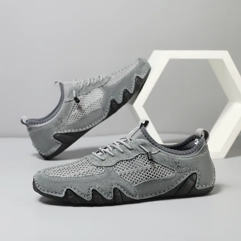 Men Summer Breathable Mesh Pigskin Leather Casual Shoes Hand Sewn Outdoor Octopus Sole Large Size Non Slip Sneakers