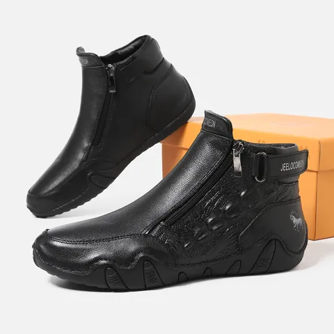 Men Women Genuine Leather Martin Boots Warm Plush Lining Winter Outdoor Casual Shoes Side Zipper Crocodile Embossed Non Slip Rubber Sole