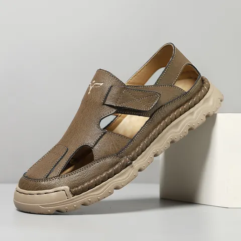 Men's Casual Closed Toe Cowhide Leather Sandals Hollow Out Breathable Beach Shoes With Velcro Anti Slip Rubber Sole