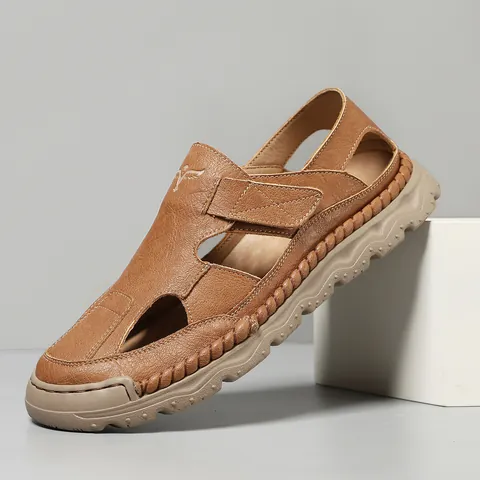 Men's Casual Closed Toe Cowhide Leather Sandals Hollow Out Breathable Beach Shoes With Velcro Anti Slip Rubber Sole