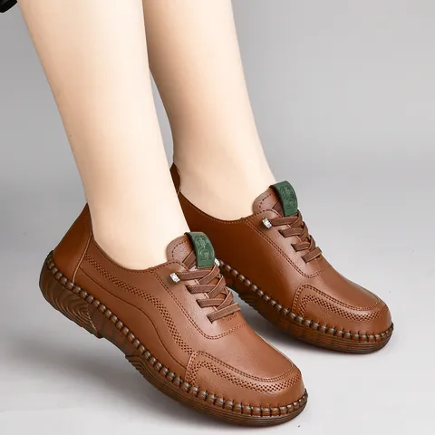 Women's Casual Cowhide Leather Shoes Slip-on Non-slip Flat Comfortable Handmade Sewing Loafers For Women Daily Walking Shoes