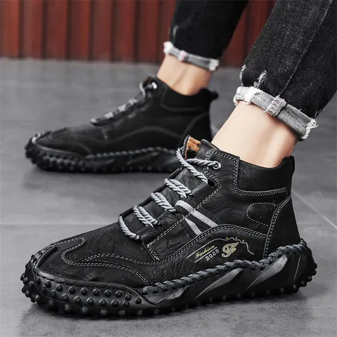 Men Microfiber Leather Martin Boots Outdoor Casual Mid-Top Short Boots Fleece Lined Warm Winter Shoes Plus Size Sneakers