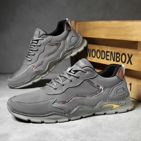 Men's Casual Outdoor Hiking Shoes First Layer Pigskin Leather Mesh Breathable Anti-Slip Thick Sole Fashion Sports Sneakers