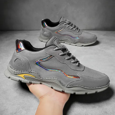 Men's Casual Outdoor Hiking Shoes First Layer Pigskin Leather Mesh Breathable Anti-Slip Thick Sole Fashion Sports Sneakers