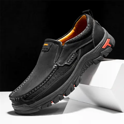Men's Casual Outdoor Loafers Breathable Frosted PU Leather Slip-on Shoes Non-slip Rubber Sole Large Size Walking Flat Shoes For Men