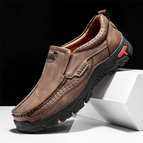 Men's Casual Outdoor Loafers Breathable Frosted PU Leather Slip-on Shoes Non-slip Rubber Sole Large Size Walking Flat Shoes For Men