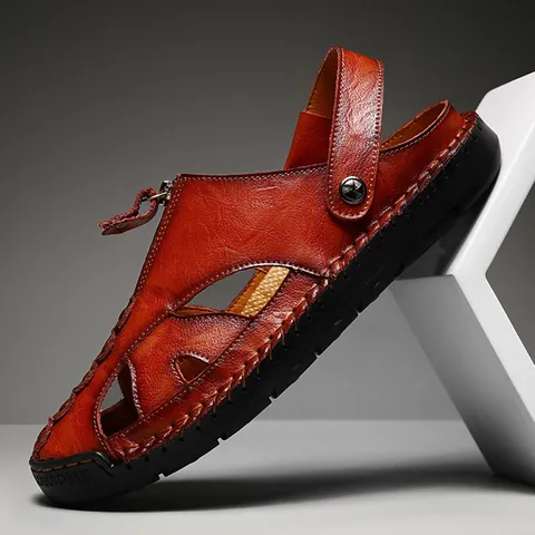 Sandalias Casuales de Cuero de Vaca para Hombre Transpirables Caladas Pantuflas de Doble Uso Con Suela de Caucho Zapatos de Playa de Verano