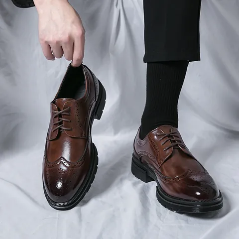 British Style Men's Brogue Carved Formal Leather Shoes PU Wingtip Lace Up Tassel Loafers Thick Rubber Sole Business Office Wedding Large Size Shoes