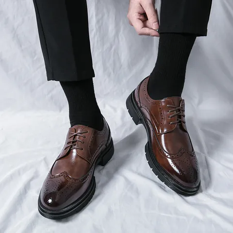 British Style Men's Brogue Carved Formal Leather Shoes PU Wingtip Lace Up Tassel Loafers Thick Rubber Sole Business Office Wedding Large Size Shoes