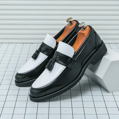Men's Classic Tassel Loafers Color Block Microfiber Leather Dress Shoes Business Formal Slip-On Brogue Wedding Party Shoes
