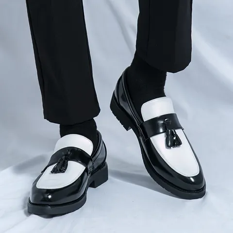 Men's Classic Tassel Loafers Color Block Microfiber Leather Dress Shoes Business Formal Slip-On Brogue Wedding Party Shoes